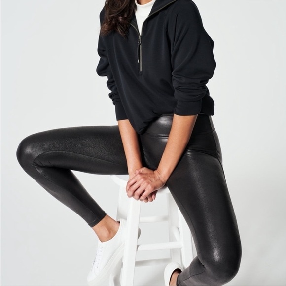 Spanx Faux Leather Shimmer Leggings High Waisted Black Large - Picture 1 of 16